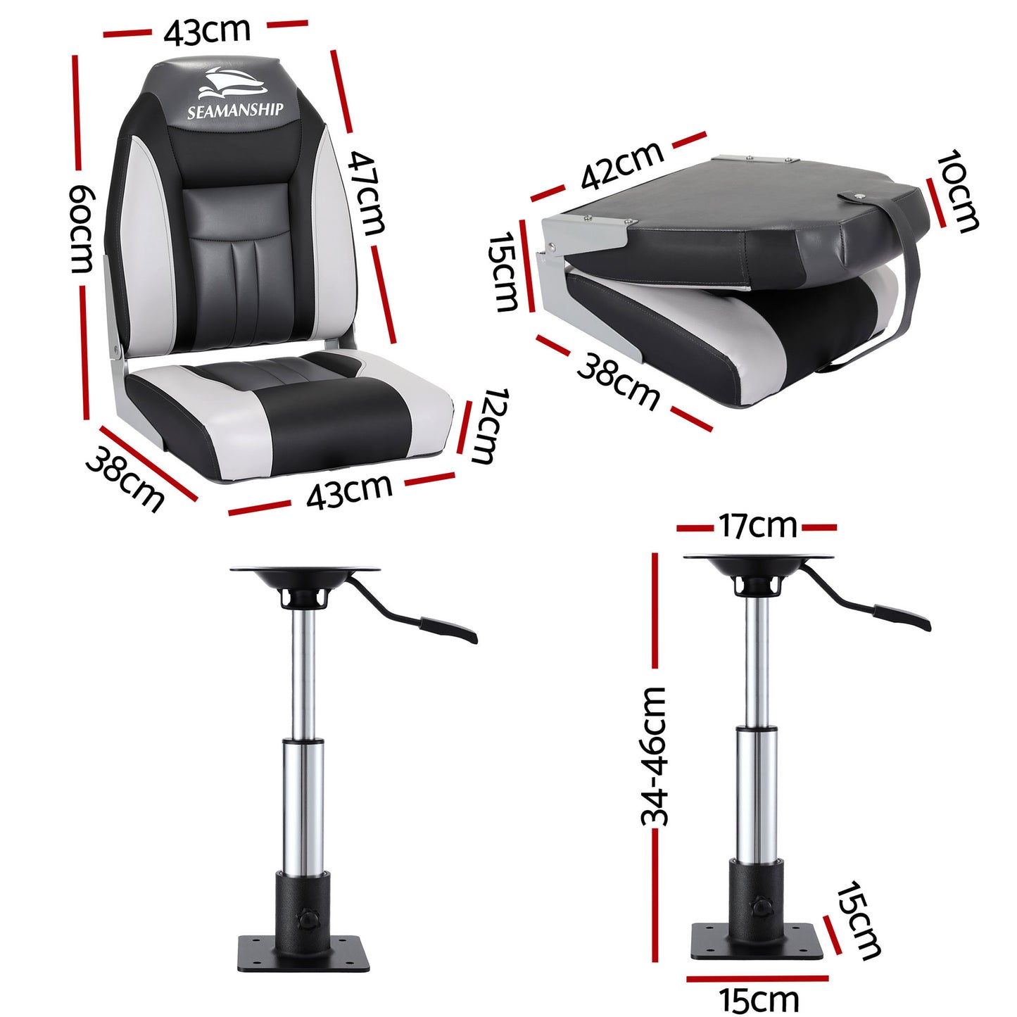Seamanship 2X Folding Boat Seats with 2X Adjustable Pedestals 34–46cm Marine Seat Swivel High Back 12cm Padding Black - Image 2