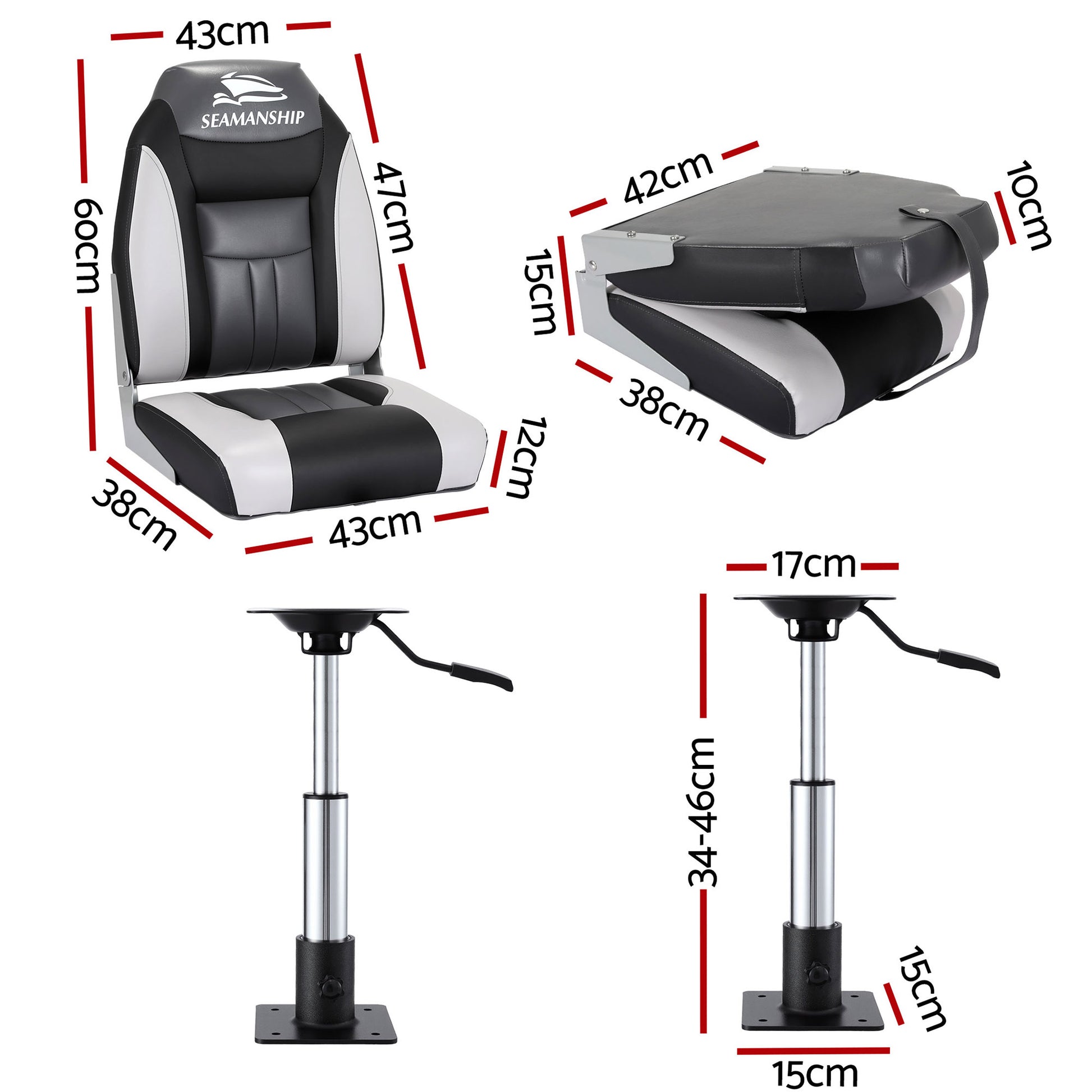 Seamanship 2X Folding Boat Seats with 2X Adjustable Pedestals 34–46cm Marine Seat Swivel High Back 12cm Padding Black - Image 2