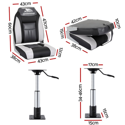 Seamanship 2X Folding Boat Seats with 2X Adjustable Pedestals 34–46cm Marine Seat Swivel High Back 12cm Padding Black - Image 2