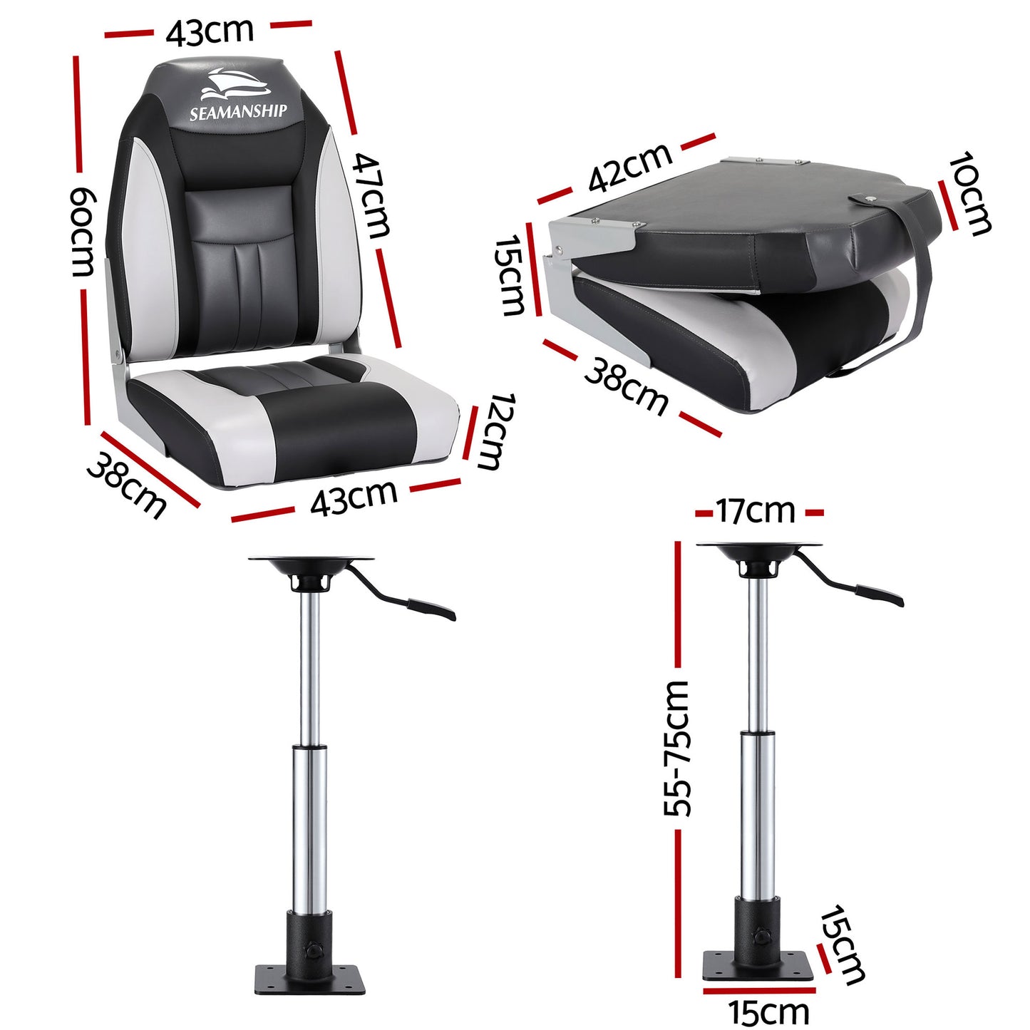 Seamanship 2X Folding Boat Seats with 2X Adjustable Pedestals 55–75cm Marine Seat Swivel High Back 12cm Padding Black - Image 2