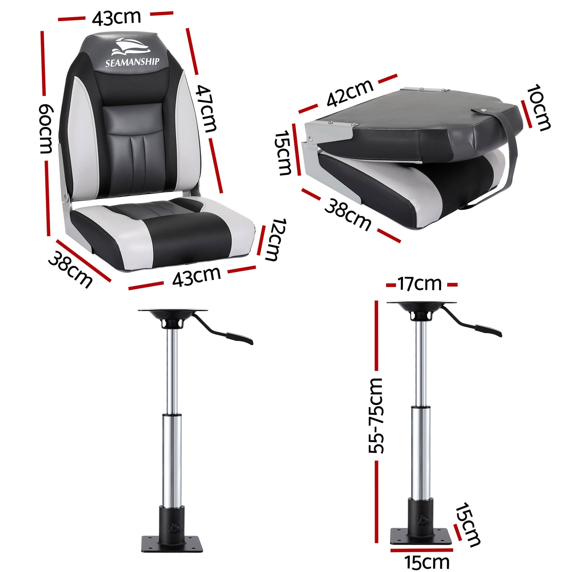 Seamanship 2X Folding Boat Seats with 2X Adjustable Pedestals 55–75cm Marine Seat Swivel High Back 12cm Padding Black - Image 2