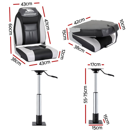 Seamanship 2X Folding Boat Seats with 2X Adjustable Pedestals 55–75cm Marine Seat Swivel High Back 12cm Padding Black - Image 2