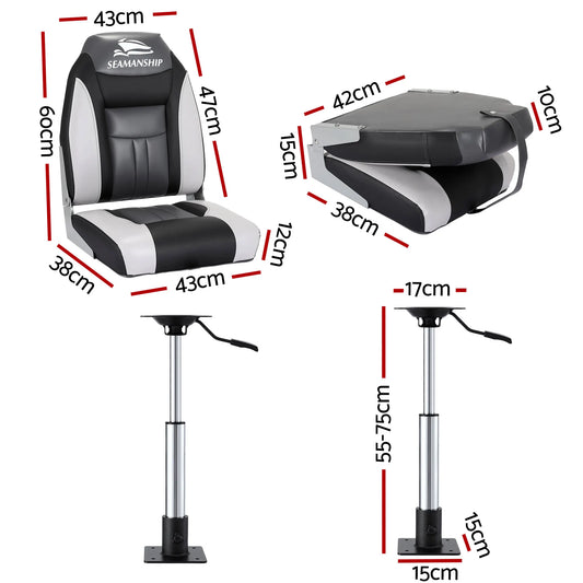 Seamanship 2X Folding Boat Seats with 2X Adjustable Pedestals 55–75cm Marine Seat Swivel High Back 12cm Padding Black - Image 2