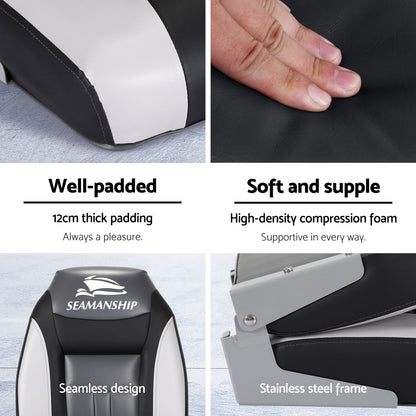 Seamanship 2X Folding Boat Seats with 2X Adjustable Pedestals 55–75cm Marine Seat Swivel High Back 12cm Padding Black - Image 4