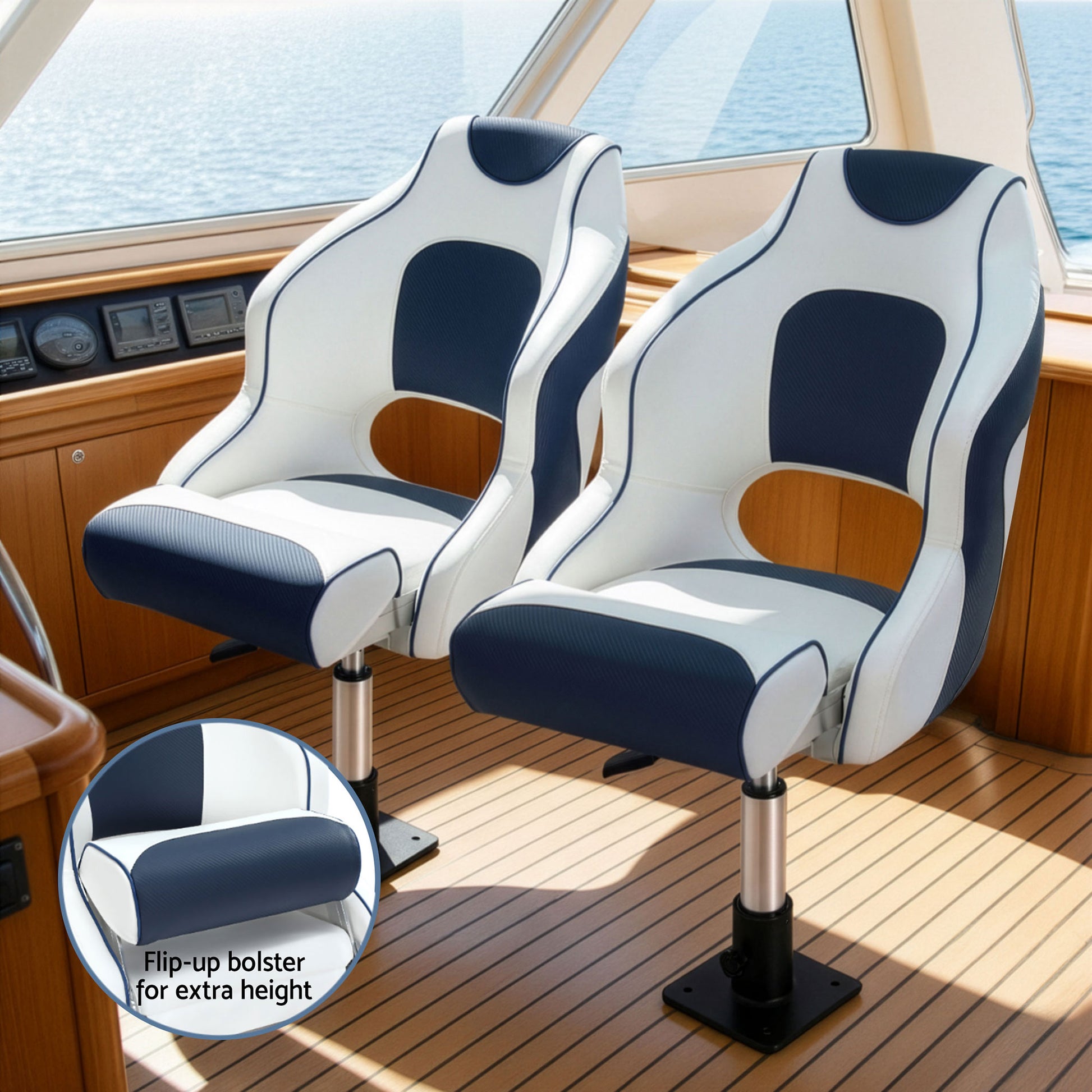 Seamanship Captain Bucket Boat Seats Flip Up Bolster Swivel 15cm Padding with Adjustable Pedestals 34–46cm Blue - Image 6