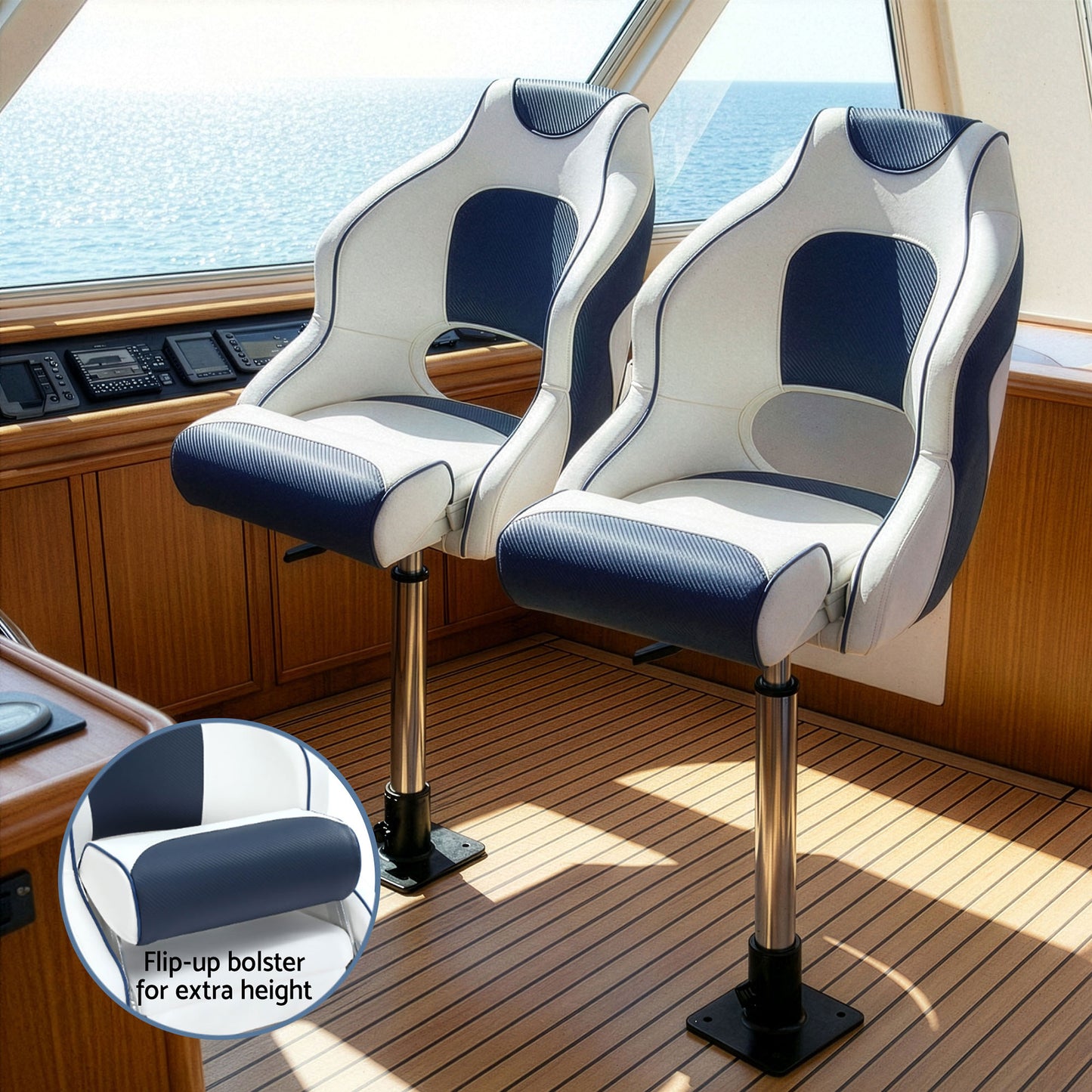 Seamanship Captain Bucket Boat Seats Flip Up Bolster Swivel 15cm Padding with Adjustable Pedestals 55–75cm Blue - Image 6