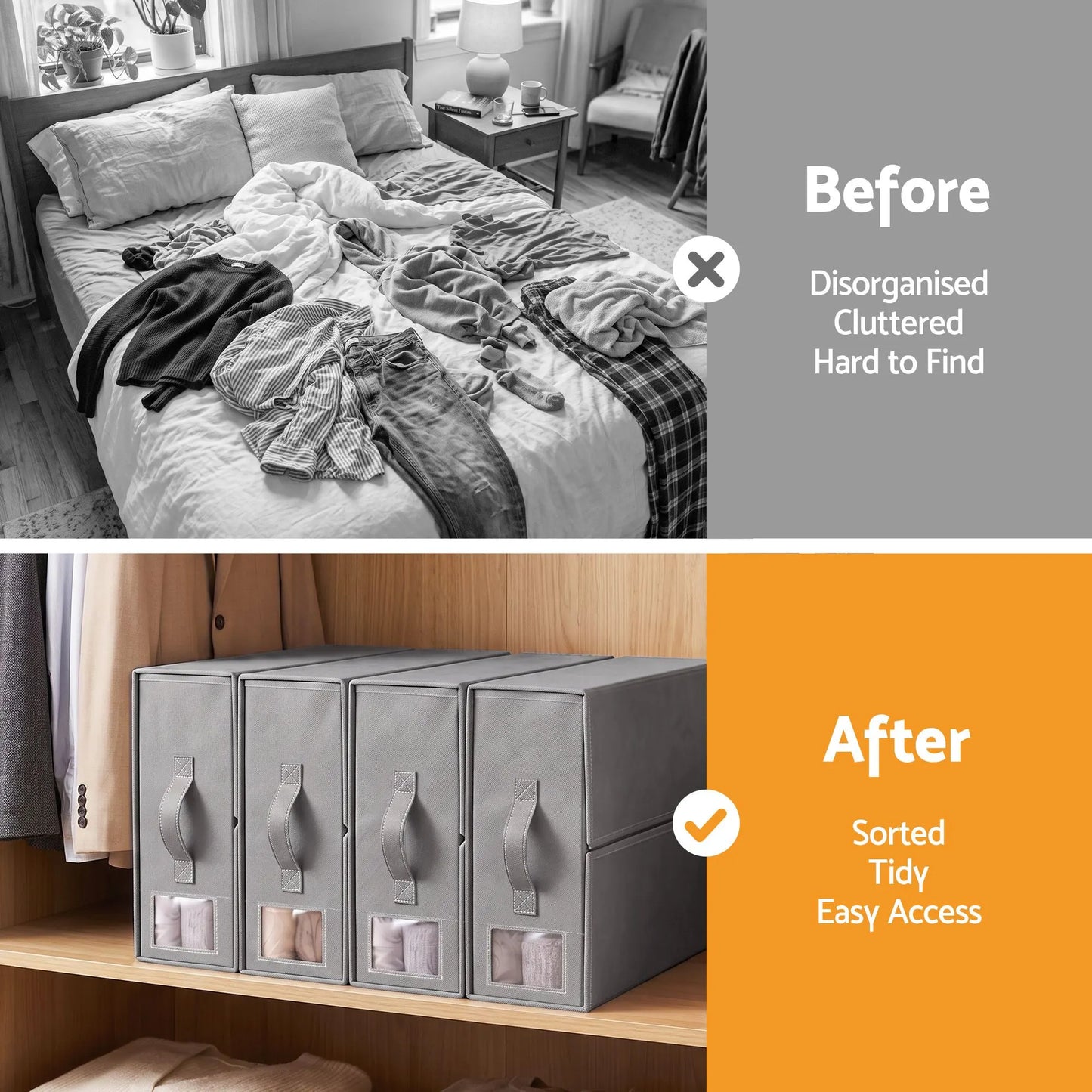 Artiss Bed Sheet Organisers Box Set 4Pcs Storage King Size Bedding Foldable Grey - Image 4