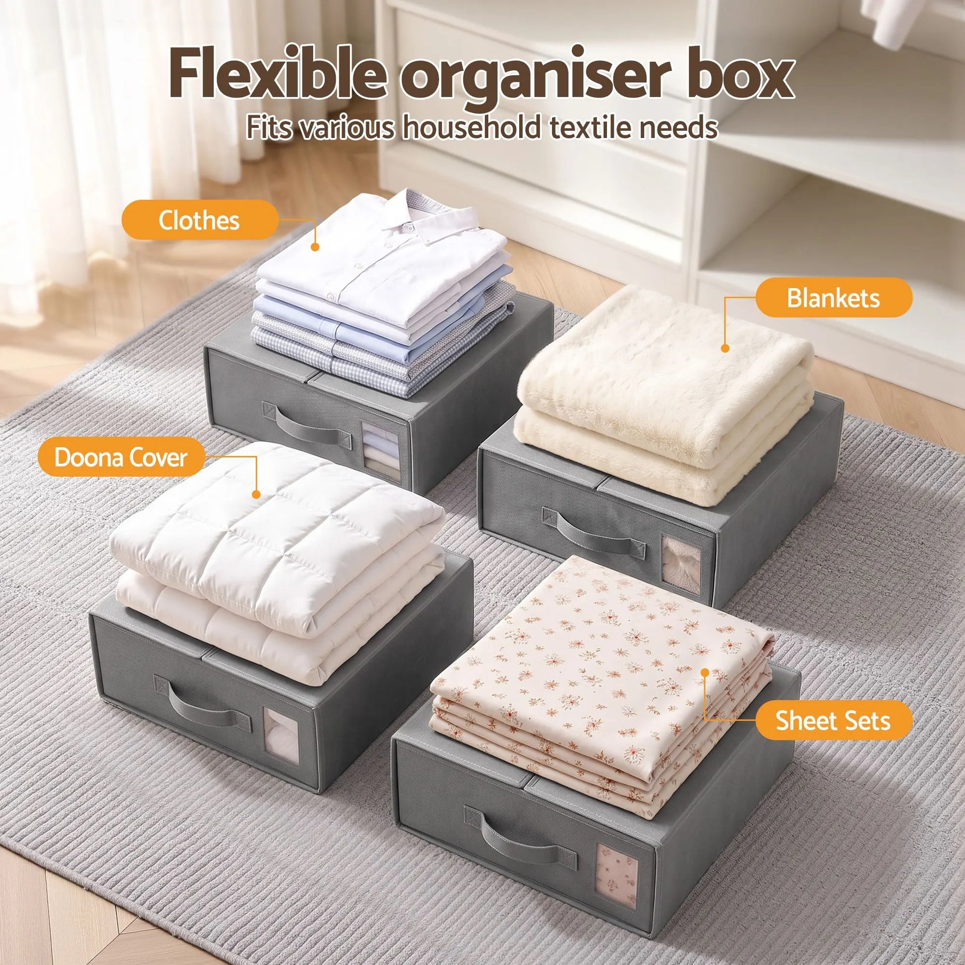 Artiss Bed Sheet Organisers Box Set 8Pcs Storage King Size Bedding Foldable Grey - Image 5