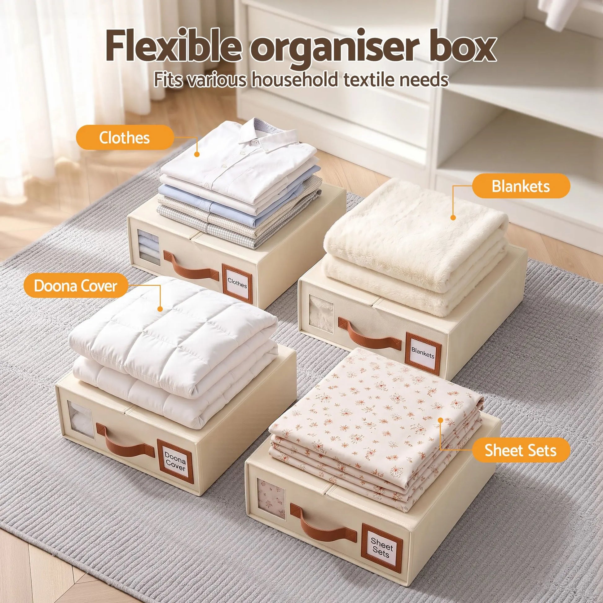 Artiss Bed Sheet Organisers Box 4Pcs Storage King Size Bedding Foldable Beige - Image 5