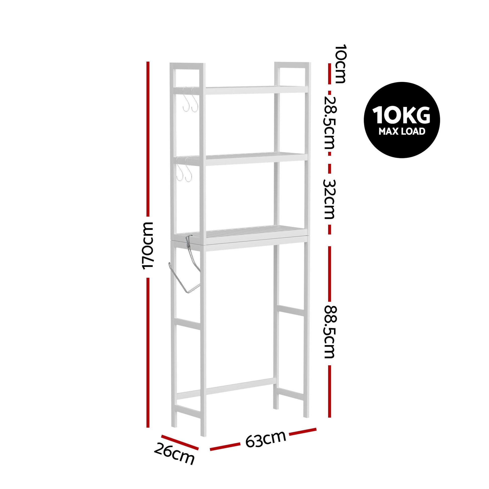 Artiss Over Toilet Storage Bathroom Rack Space Saving 3 Tier Organiser White - Image 3