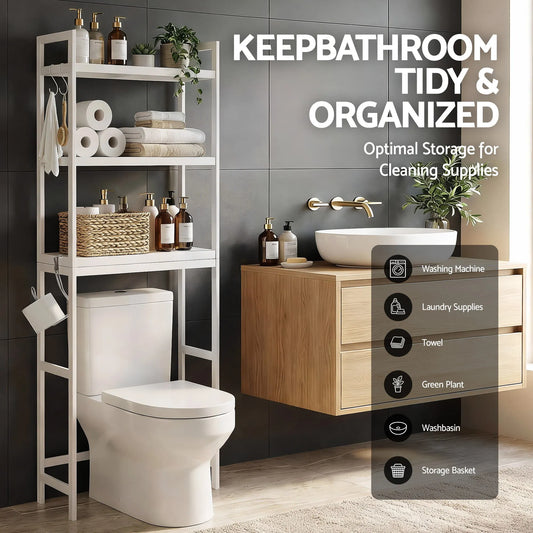 Artiss Over Toilet Storage Bathroom Rack Space Saving 3 Tier Organiser White - Image 5