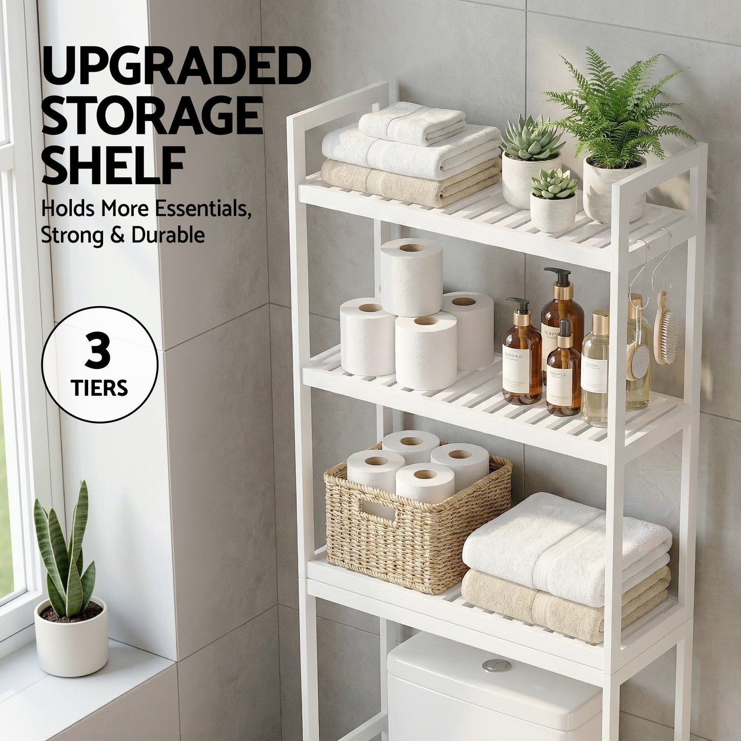 Artiss Over Toilet Storage Bathroom Rack Space Saving 3 Tier Organiser White - Image 6
