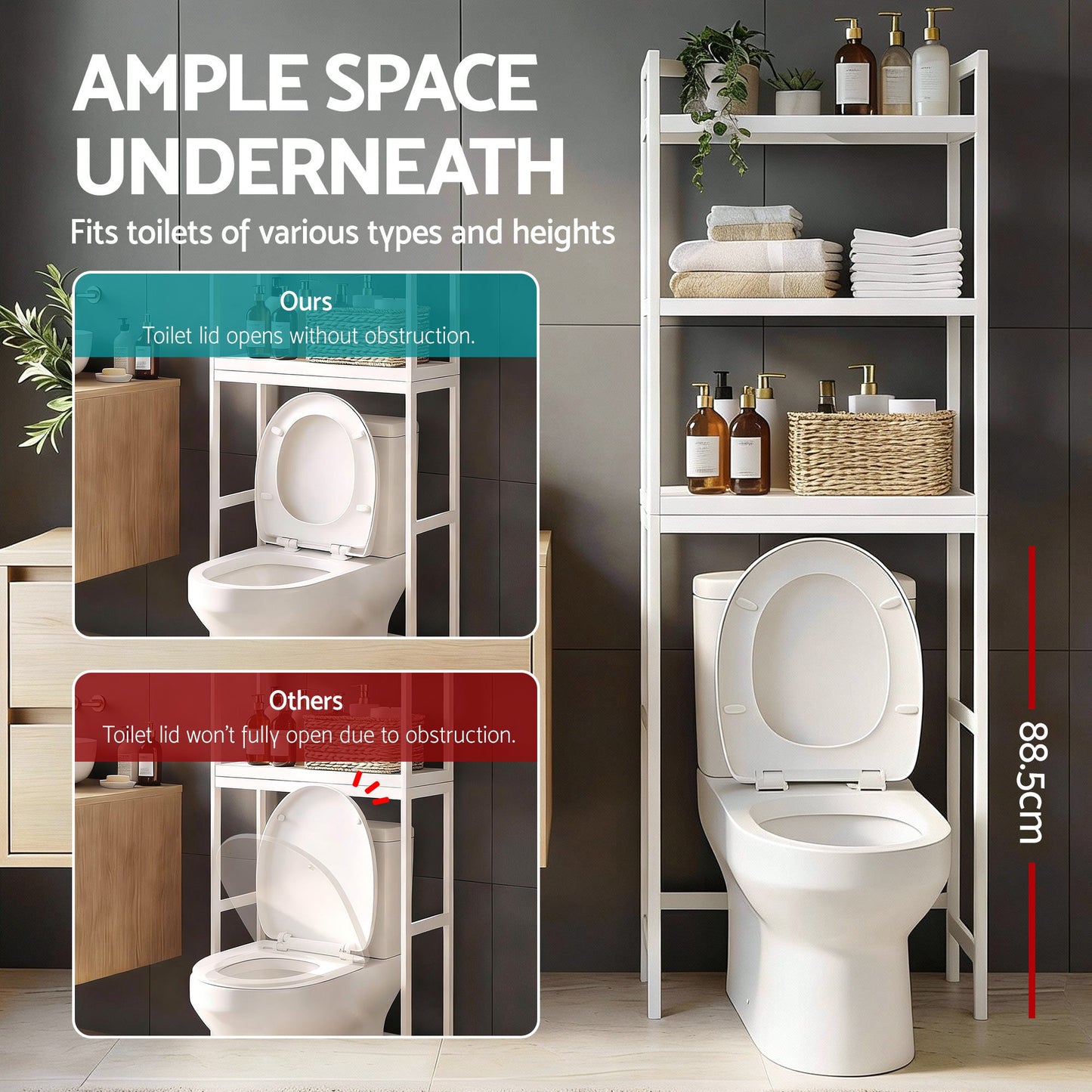 Artiss Over Toilet Storage Bathroom Rack Space Saving 3 Tier Organiser White - Image 9