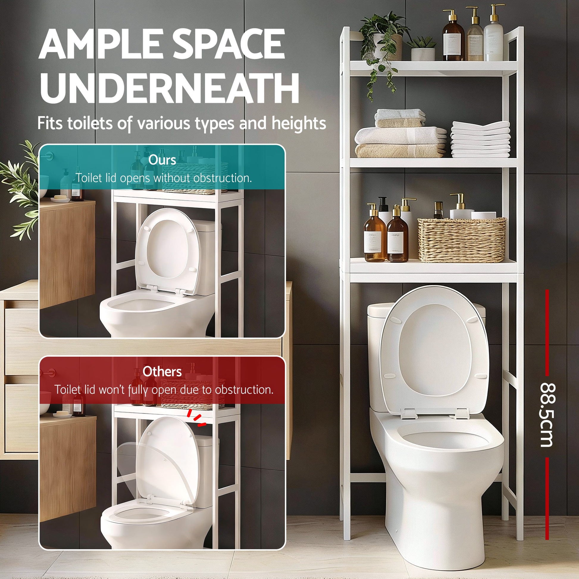 Artiss Over Toilet Storage Bathroom Rack Space Saving 3 Tier Organiser White - Image 9