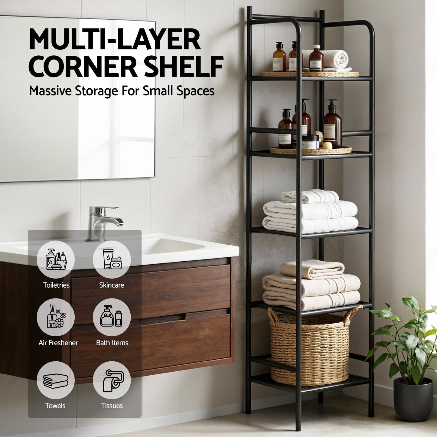 Artiss 5 Tier Floor Standing Corner Shower Caddy Bathroom Organizer Black - Image 5