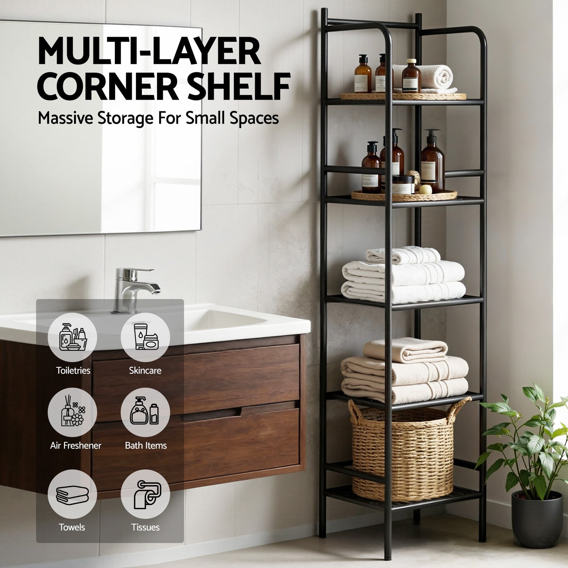 Artiss 5 Tier Floor Standing Corner Shower Caddy Bathroom Organizer Black - Image 5