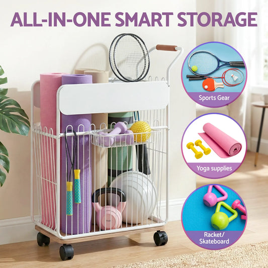 Everfit Yoga Mat Storage Rack Mobile Holder with Wheels Basket Home Gym Storage Organizer White - Image 4
