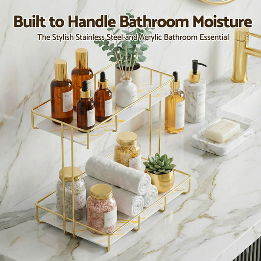 Artiss Bathroom Storage Rack 2 Tier Corner Organiser Gold Marble Look - Image 4