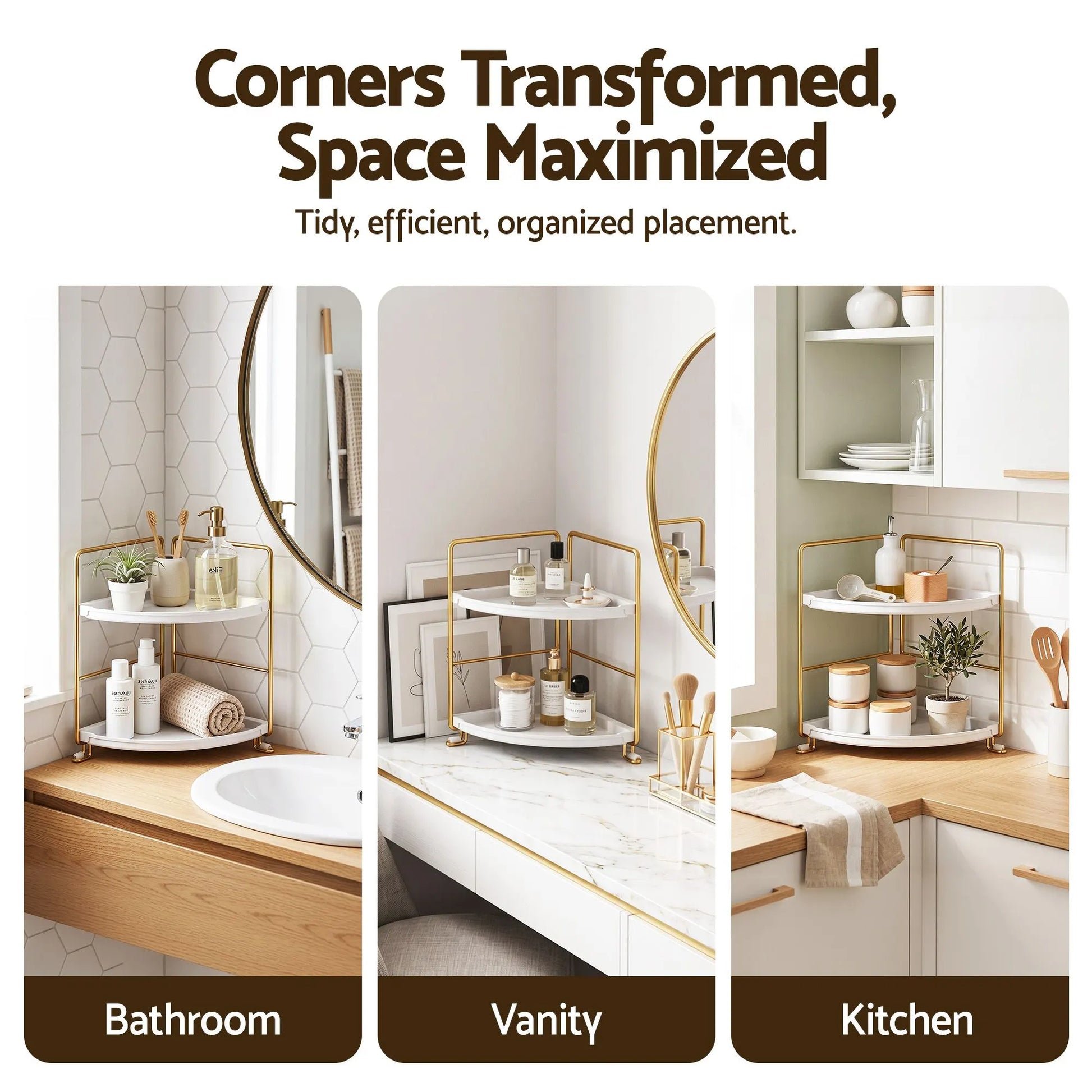 Artiss Bathroom Corner Shelf Countertop Organiser Vanity Storage Rack White Gold - Image 4