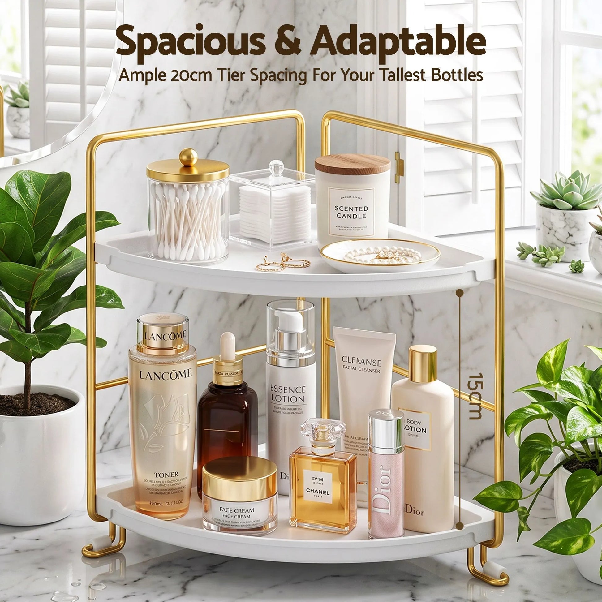 Artiss Bathroom Corner Shelf Countertop Organiser Vanity Storage Rack White Gold - Image 5