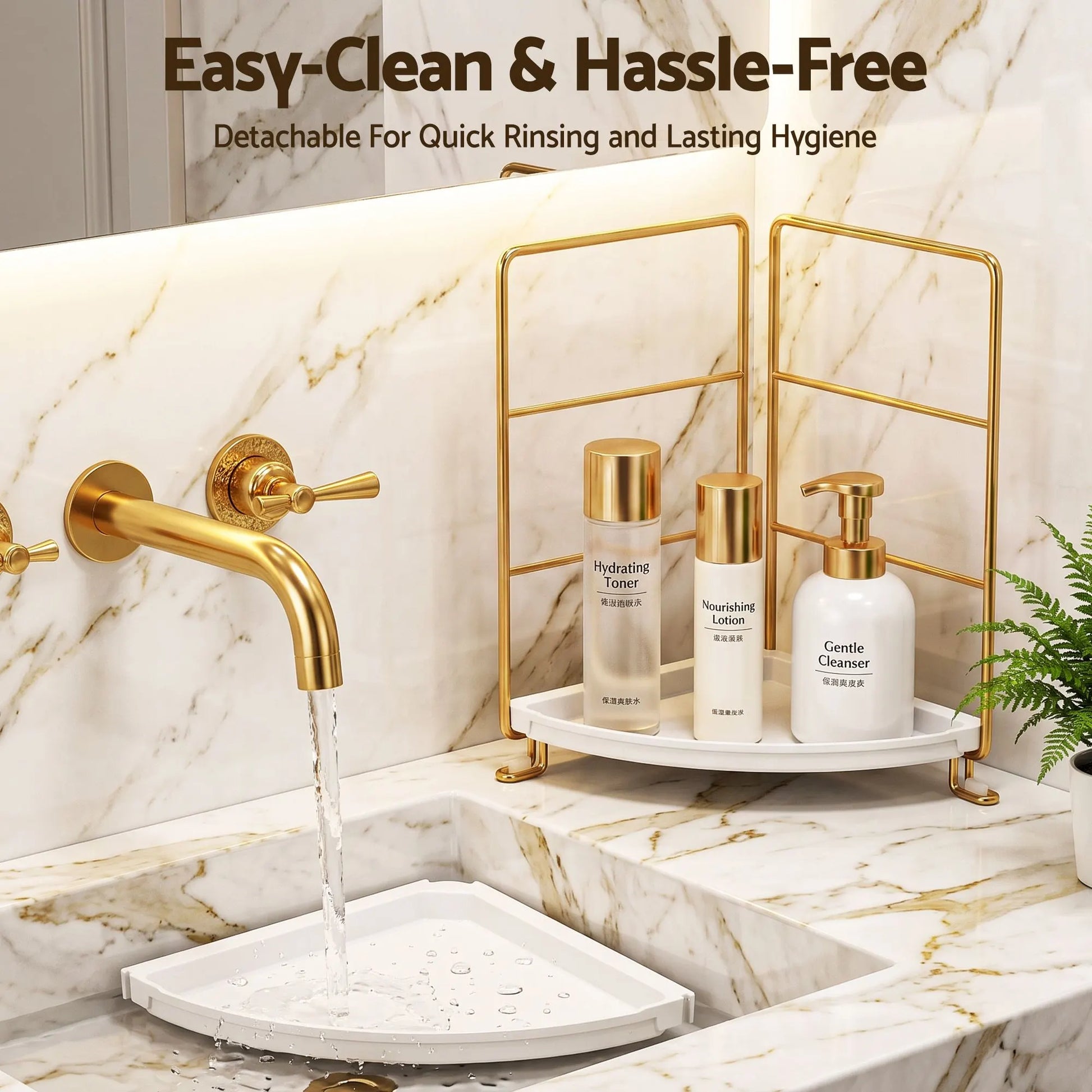 Artiss Bathroom Corner Shelf Countertop Organiser Vanity Storage Rack White Gold - Image 8