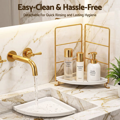 Artiss Bathroom Corner Shelf Countertop Organiser Vanity Storage Rack White Gold - Image 8