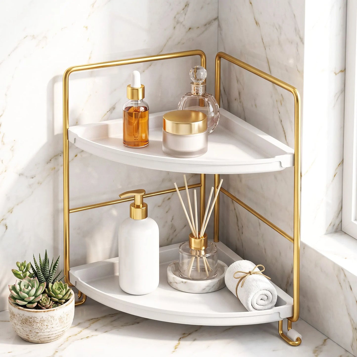Artiss Bathroom Corner Shelf Countertop Organiser Vanity Storage Rack White Gold - Image 9