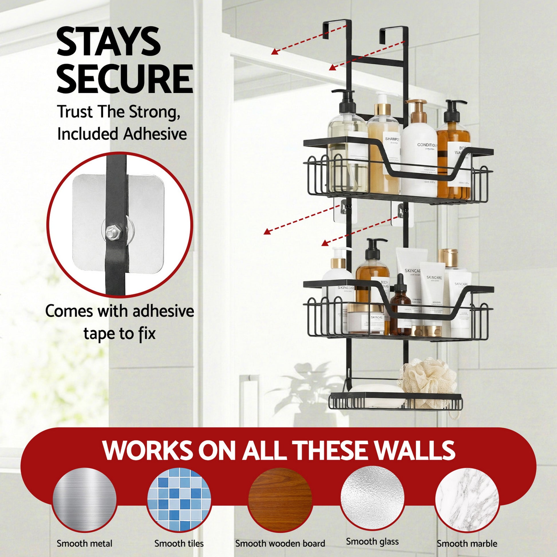 Artiss 3 Tier Over The Door Shower Caddy Hanging Bathroom Storage Organizer - Image 7