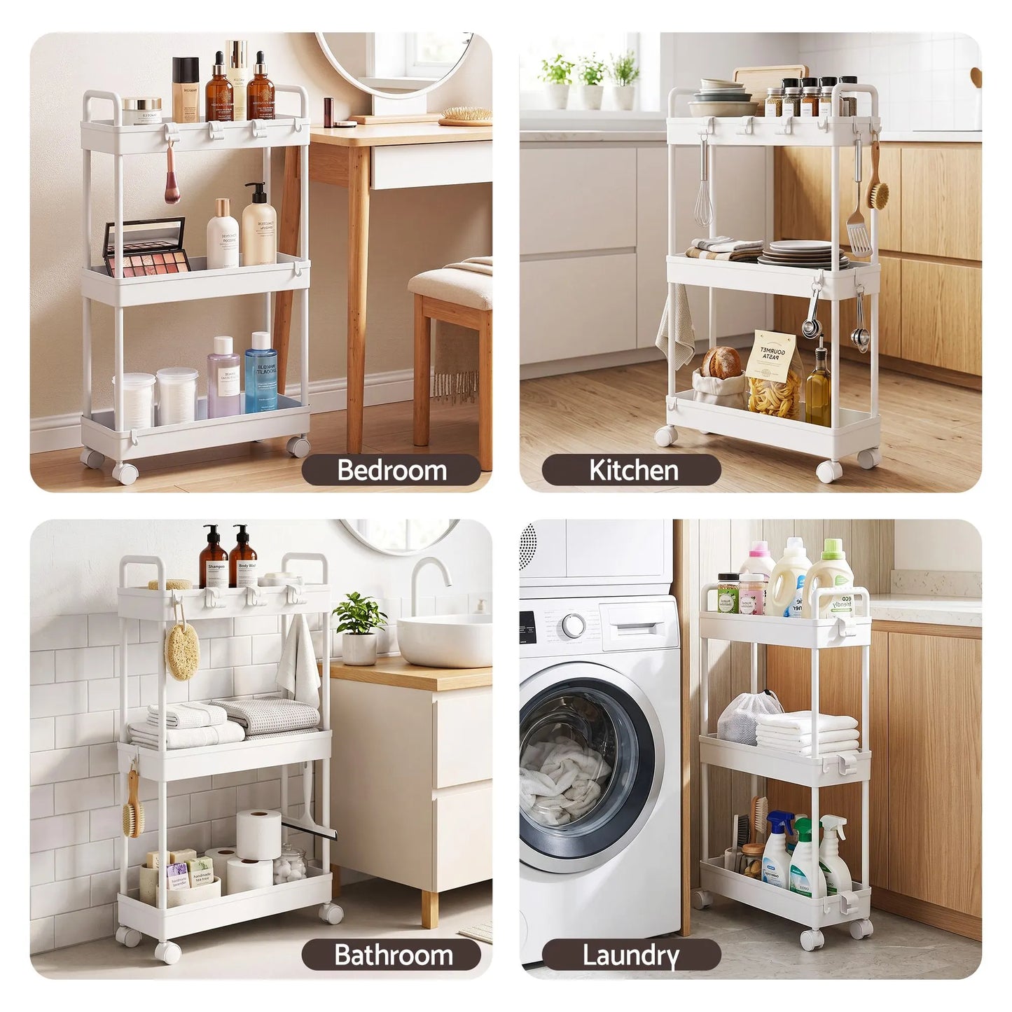 Artiss 3 Tier Slim Storage Trolley Narrow Utility Organiser Rack White - Image 4