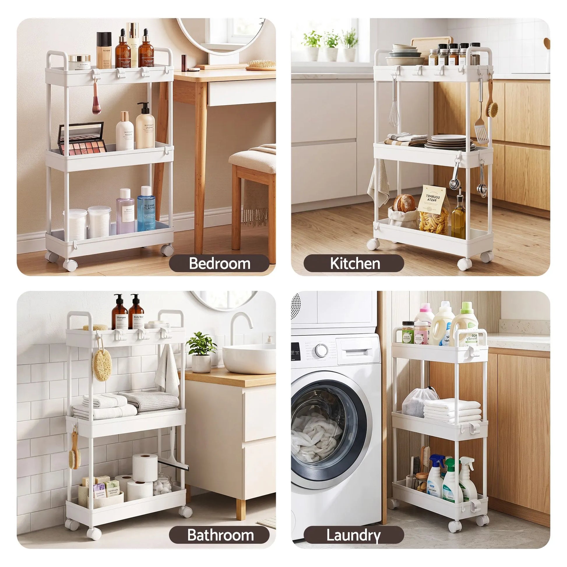 Artiss 3 Tier Slim Storage Trolley Narrow Utility Organiser Rack White - Image 4