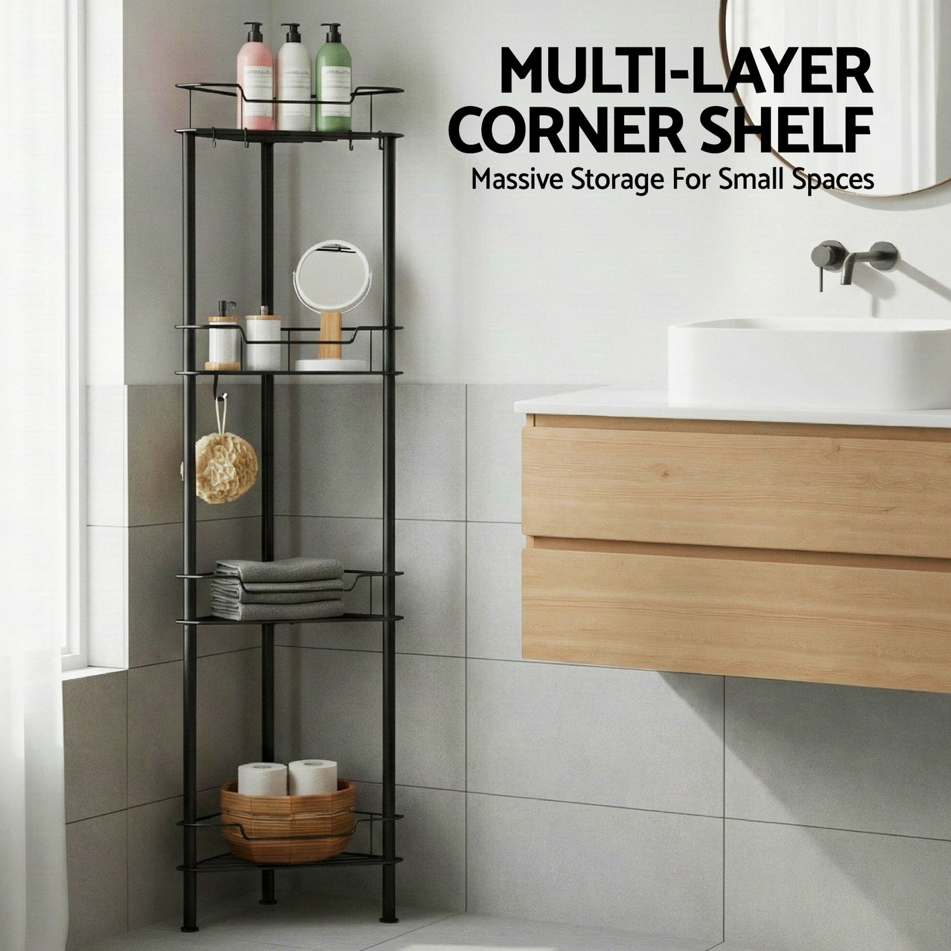 Artiss 4 Tier Floor Standing Corner Shower Caddy Bathroom Organizer Black - Image 5