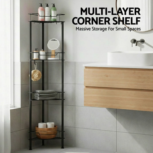 Artiss 4 Tier Floor Standing Corner Shower Caddy Bathroom Organizer Black - Image 5
