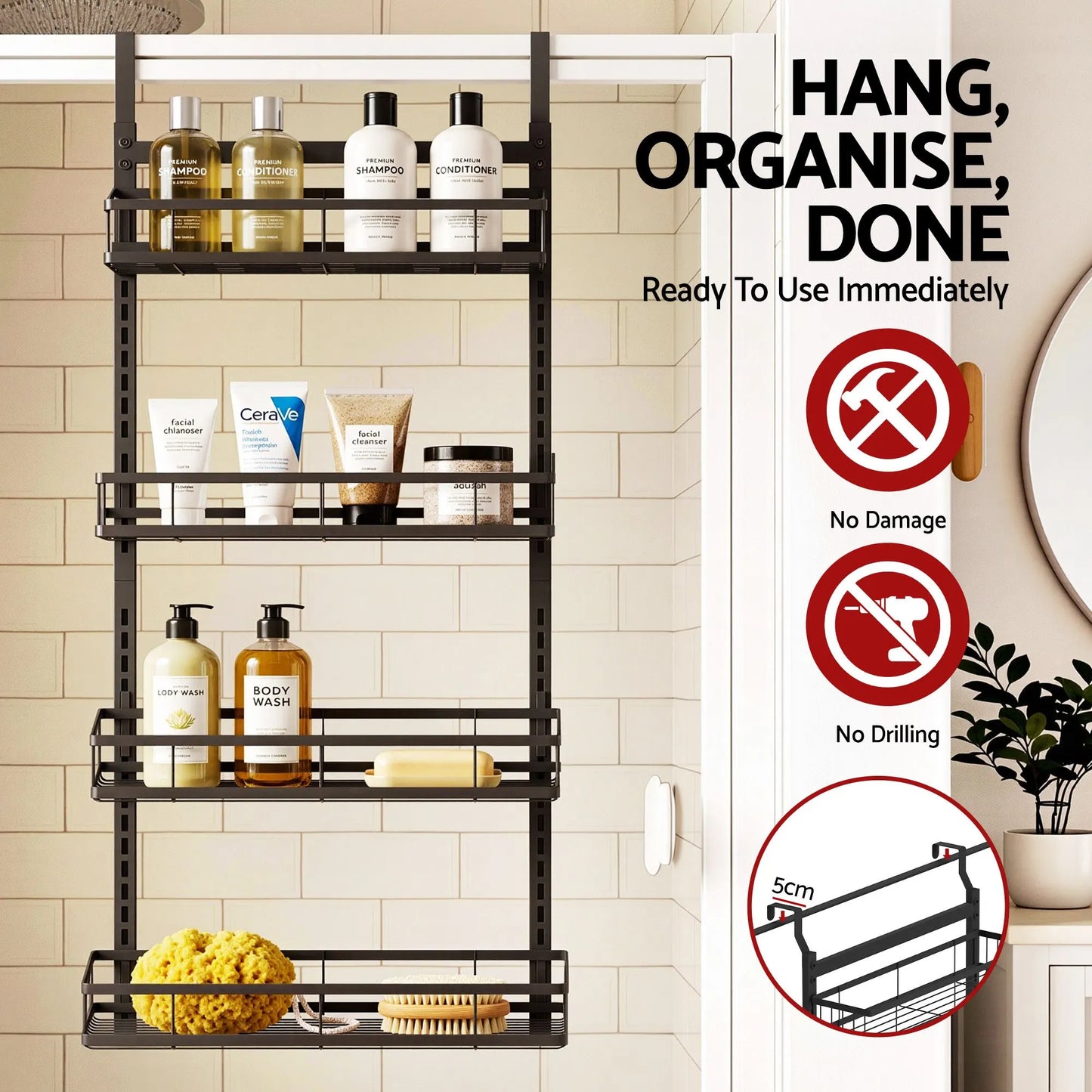 Artiss Over Door Bathroom Rack Hanging Organiser 4 Tier No Drill 91cm Black - Image 4