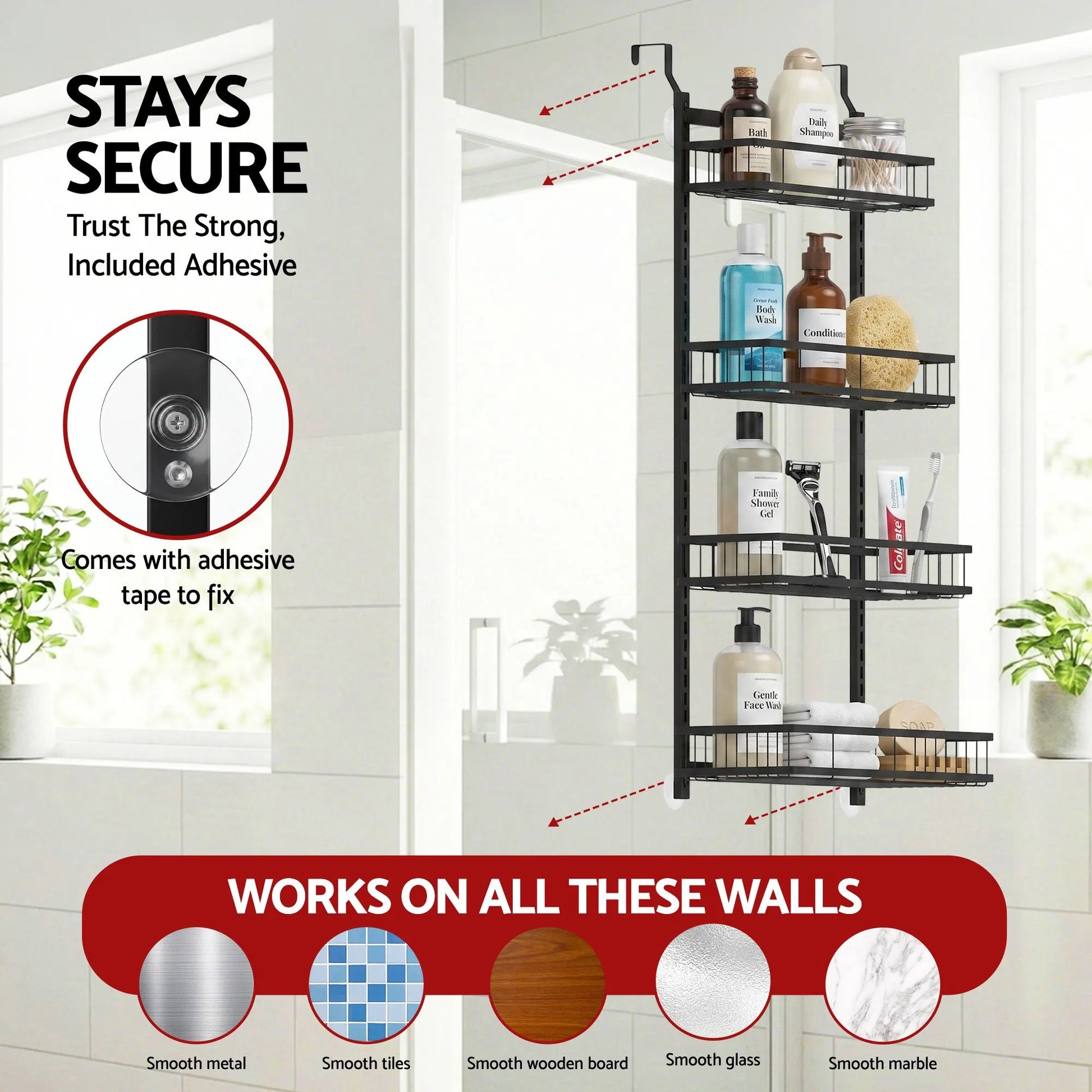 Artiss Over Door Bathroom Rack Hanging Organiser 4 Tier No Drill 91cm Black - Image 7