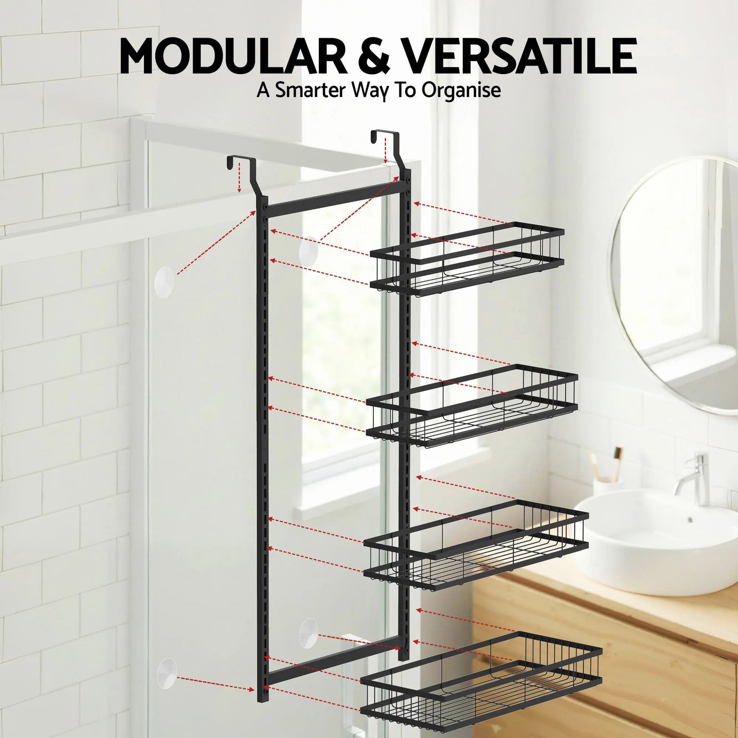 Artiss Over Door Bathroom Rack Hanging Organiser 4 Tier No Drill 91cm Black - Image 8