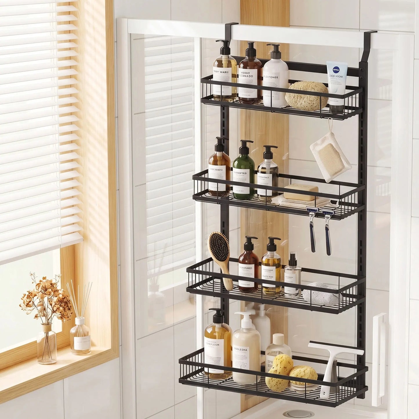 Artiss Over Door Bathroom Rack Hanging Organiser 4 Tier No Drill 91cm Black - Image 9