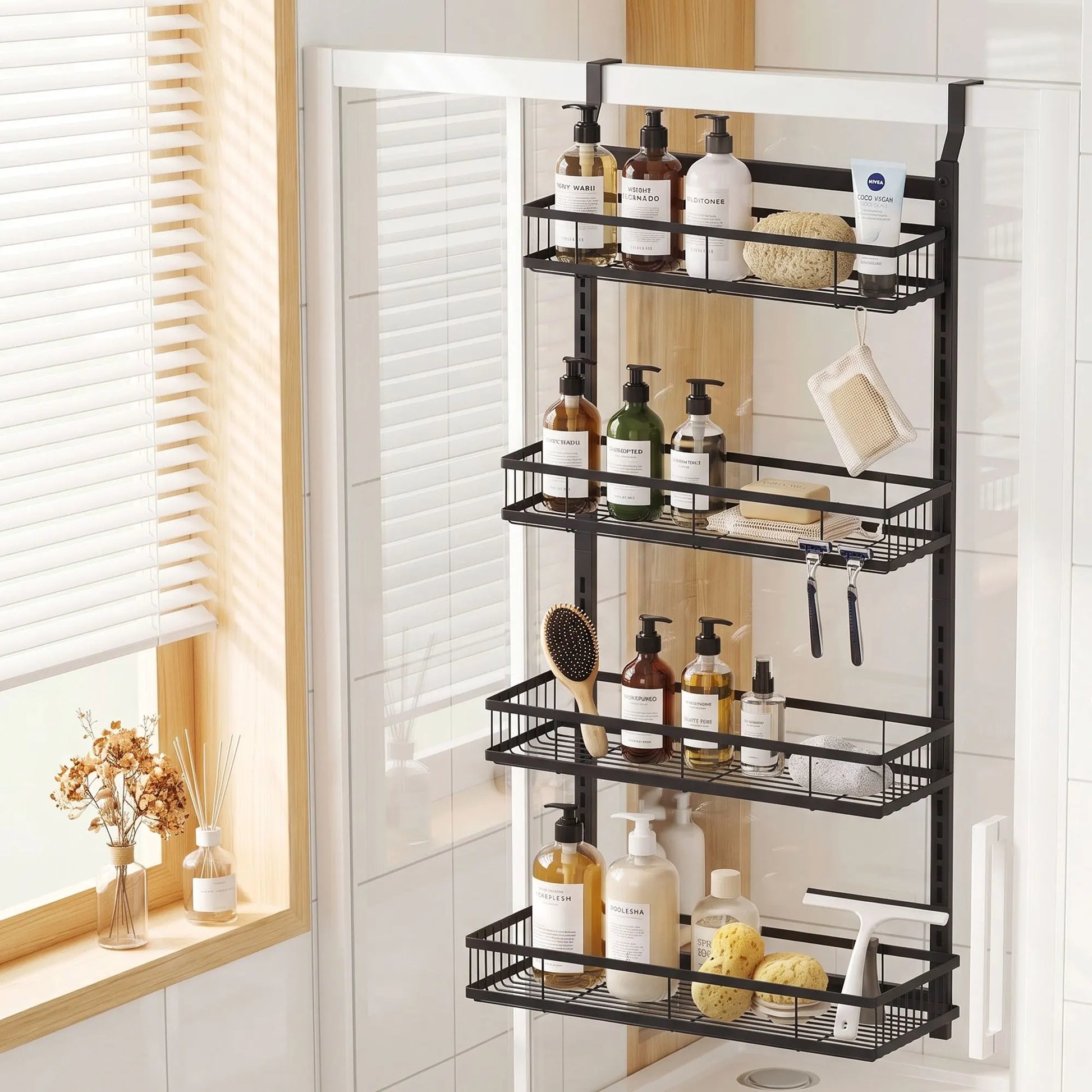 Artiss Over Door Bathroom Rack Hanging Organiser 4 Tier No Drill 91cm Black - Image 9