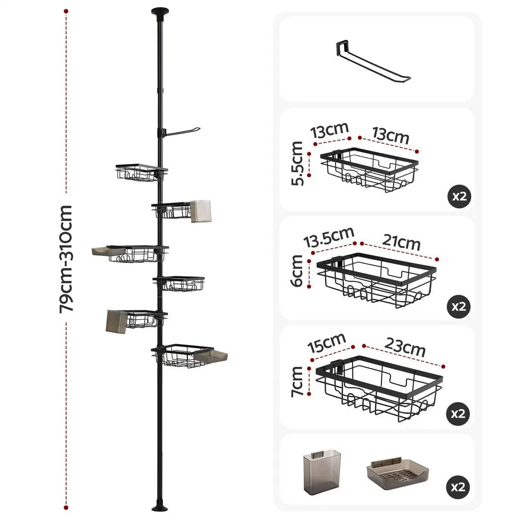 Artiss Tension Pole Shower Caddy Steel Corner Bathroom Shelf Black - Image 2