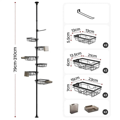 Artiss Tension Pole Shower Caddy Steel Corner Bathroom Shelf Black - Image 2