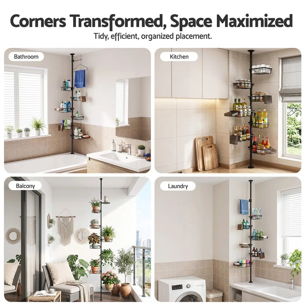 Artiss Tension Pole Shower Caddy Steel Corner Bathroom Shelf Black - Image 4