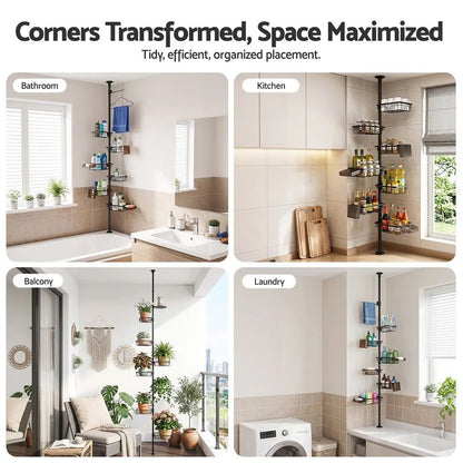 Artiss Tension Pole Shower Caddy Steel Corner Bathroom Shelf Black - Image 4