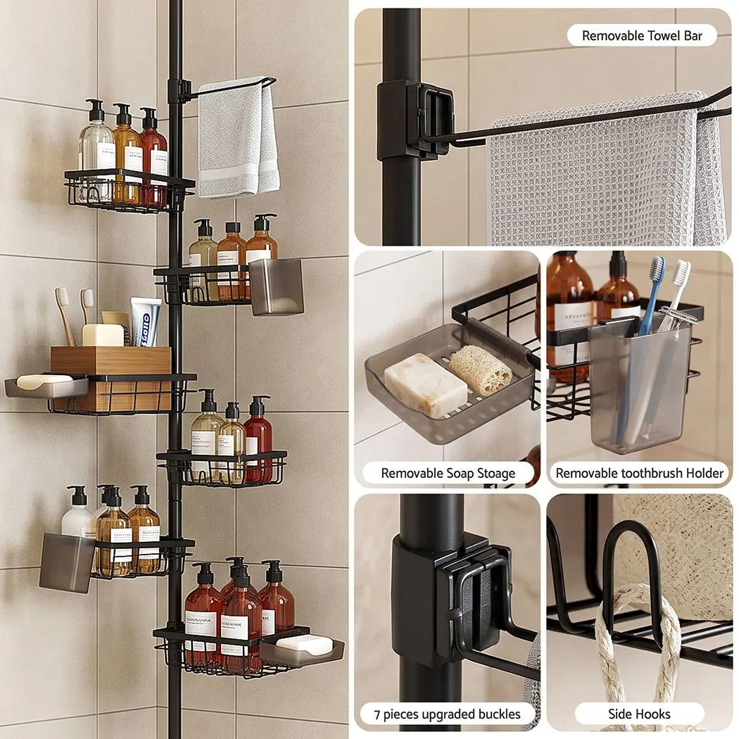 Artiss Tension Pole Shower Caddy Steel Corner Bathroom Shelf Black - Image 5