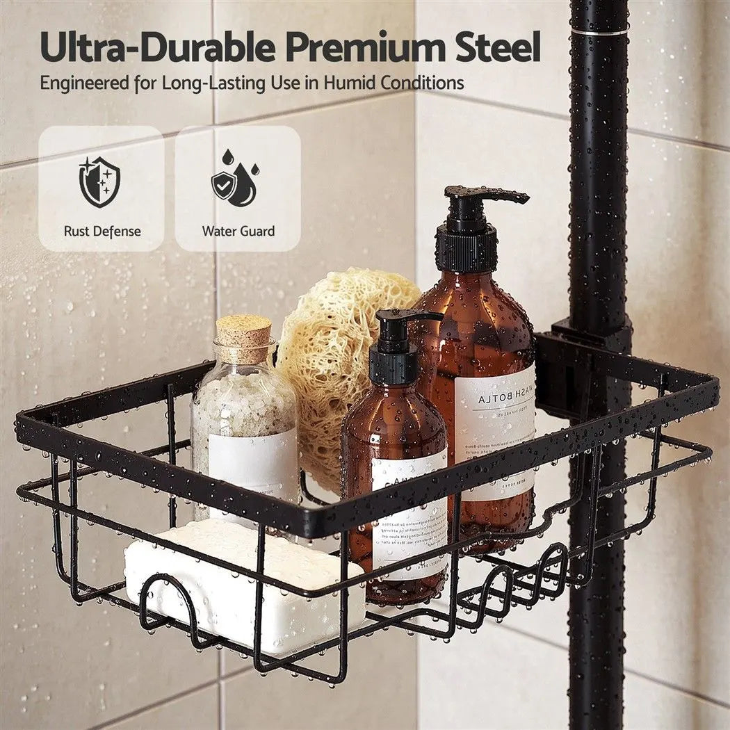 Artiss Tension Pole Shower Caddy Steel Corner Bathroom Shelf Black - Image 6