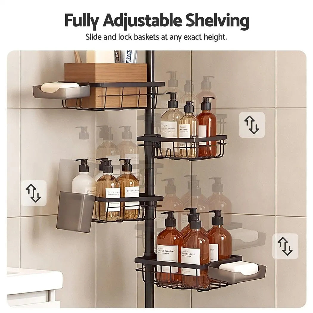 Artiss Tension Pole Shower Caddy Steel Corner Bathroom Shelf Black - Image 7