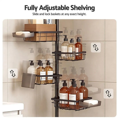 Artiss Tension Pole Shower Caddy Steel Corner Bathroom Shelf Black - Image 7