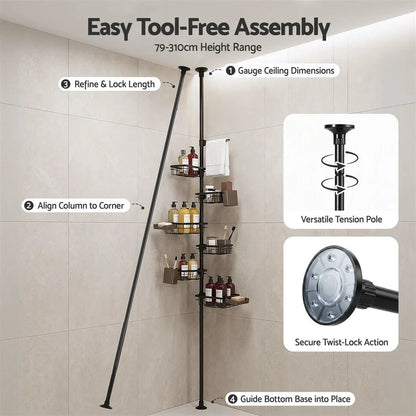 Artiss Tension Pole Shower Caddy Steel Corner Bathroom Shelf Black - Image 8