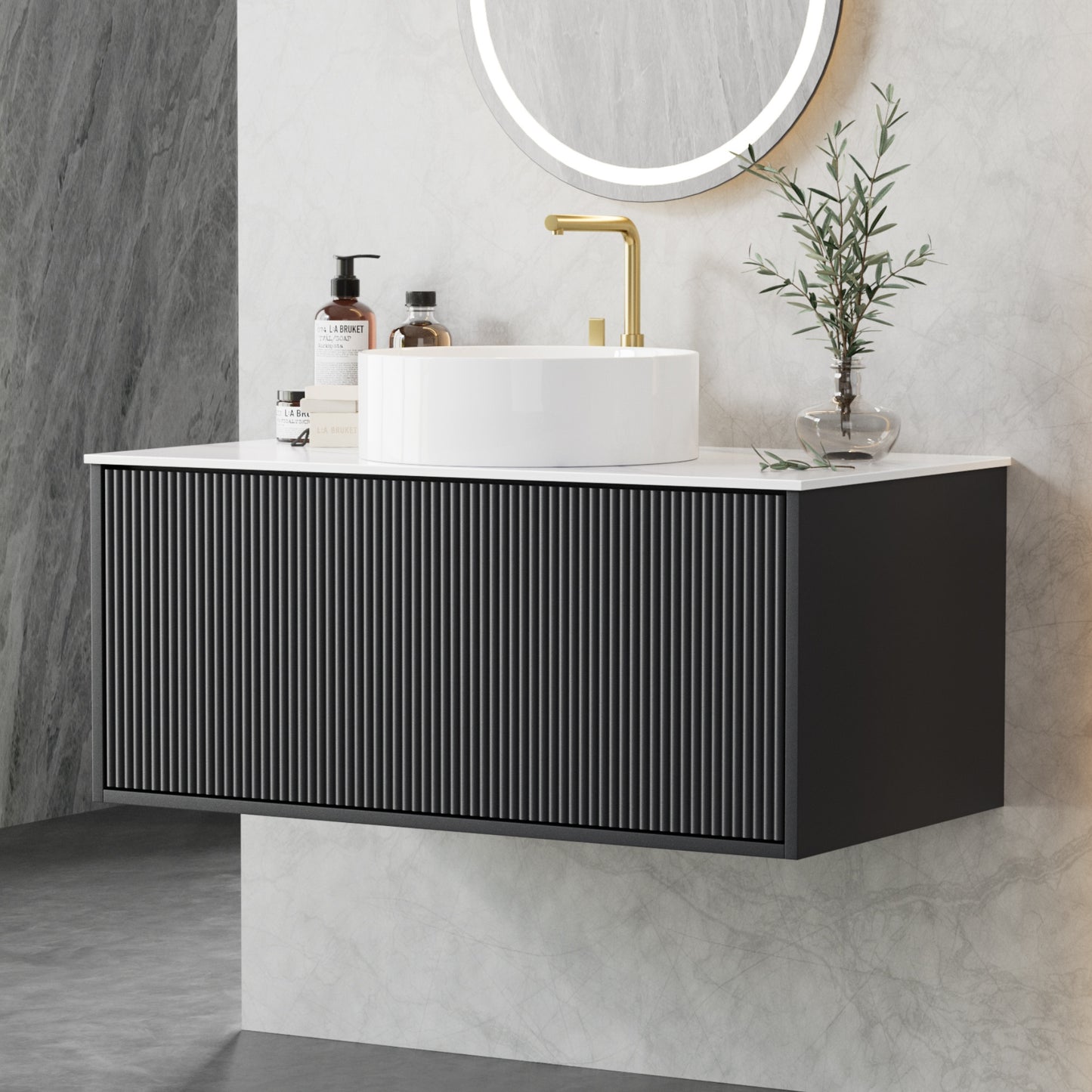 Cefito Vanity Unit 900mm Bathroom Cabinet Storage Wall Hung Grooved Timber Black - Image 8