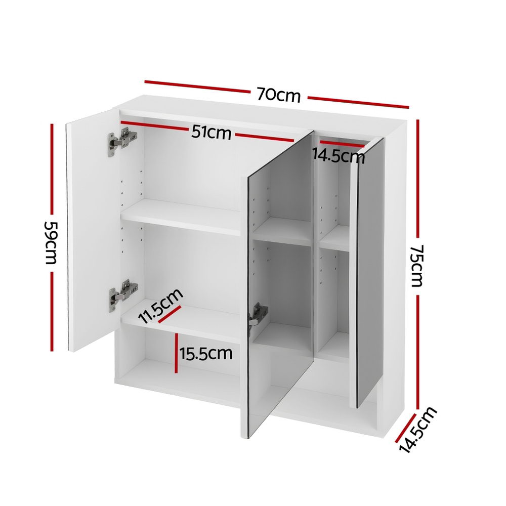 Cefito Bathroom Mirror Cabinet Medicine Adjustable Shelves Wall Hung 700x750mm White - Image 2