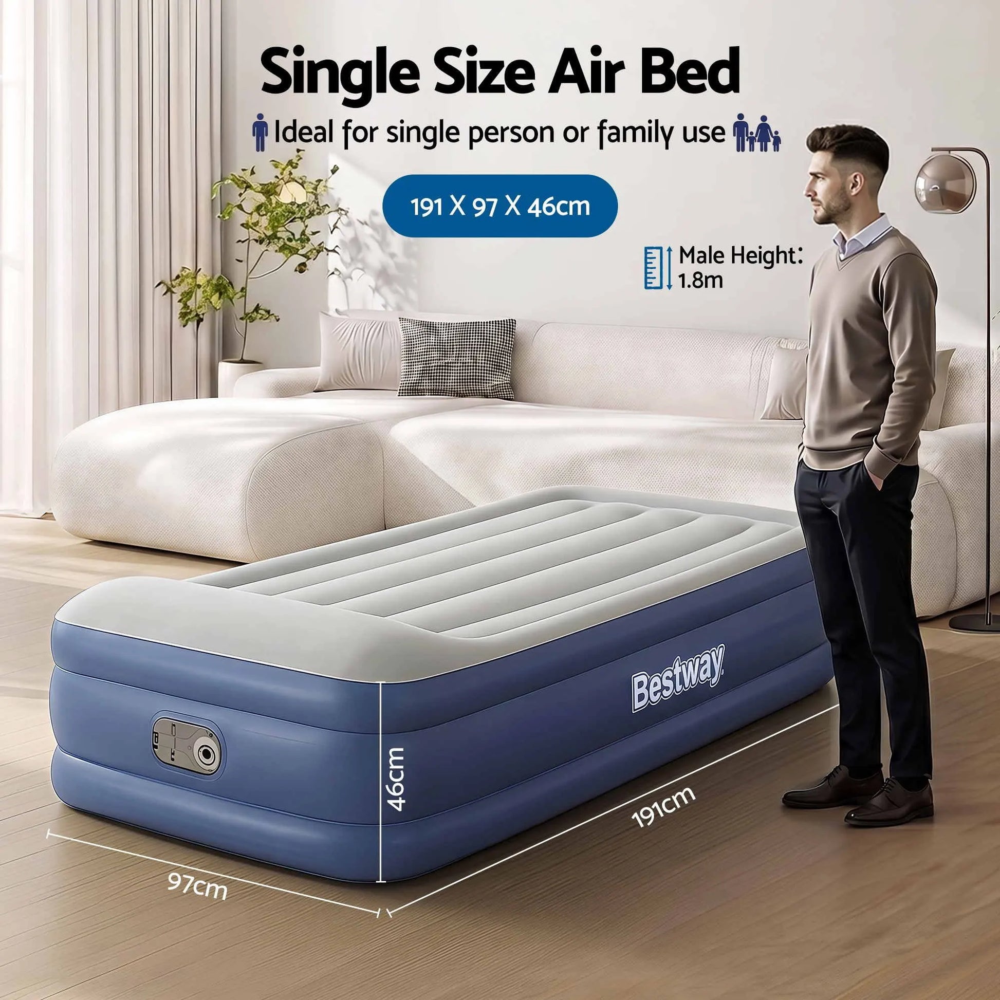 Bestway Single Air Mattress with Built-in Pump Tritech Inflatable Bed 46cm - Image 2