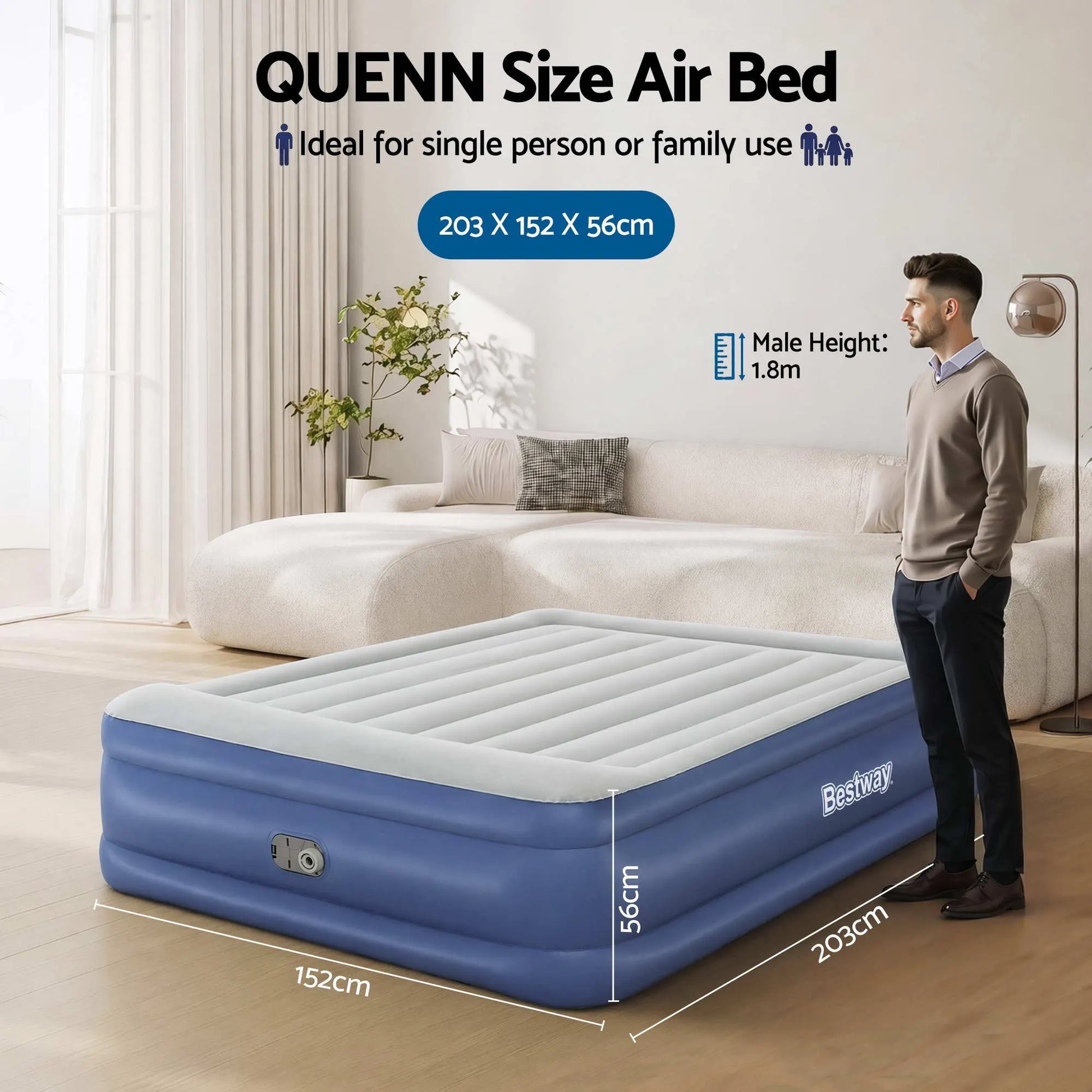 Bestway Queen Air Mattress with Built-in Pump Tritech Inflatable Bed 56cm - Image 2